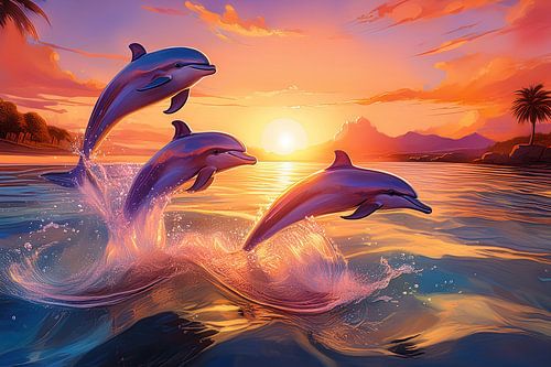 Springende dolfijnen in zee bij zonsondergang