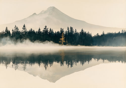 Silence au bord du lac de la Montagne | Paysage brumeux avec reflet et forêt de pins