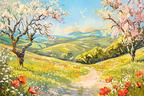 Schilderachtig lentelandschap met bloesembomen