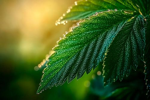 Vers blad met dauwparels in het licht