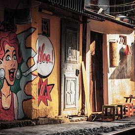 Striptekening trein straat Hanoi van Joey Ploch