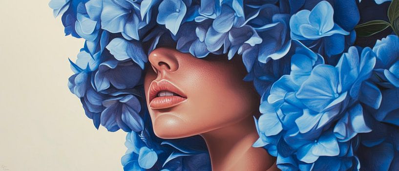 Woman with blue hydrangeas - Expressive by Poster Art Shop