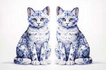 Twee poezen in Delfts Blauw