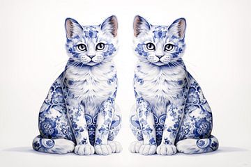 Two cats in Delft Blue by Lauri Creates