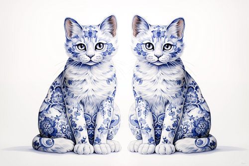 Twee poezen in Delfts Blauw