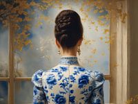 Een portret van een dame in een delfts blauw jurk