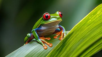Vibrant Red-Eyed Tree Frog on Leaf by Lisa Bovenlander