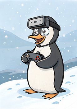 Funny gaming penguin with VR glasses and gaming controller gamer