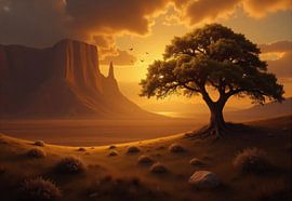 Digital Painting of a Desert Landscape with Tree at Sunset by Markus Gann