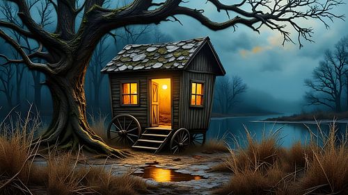 Illuminated gypsy wagon in the forest