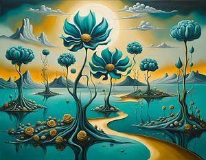 Paysage surréaliste, style Dali, fleurs et eau