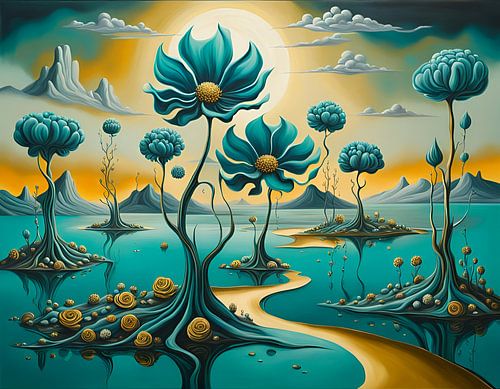 Paysage surréaliste, style Dali, fleurs et eau