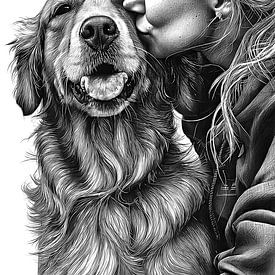 Meisje dat een golden retriever kust Portret Lijntekening van NAIME ATELIER