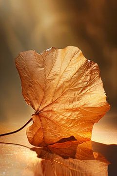 Gouden herfstblad met reflectie op water van De Muurdecoratie