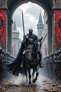 Dark Fantasy Wandbild: SCHWARZWACHT – Der schwarze Ritter reitet durch ein Burgtor