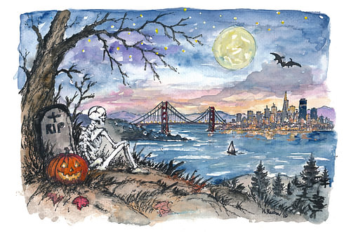 Ein Skelett betrachtet San Francisco unter einem Halloween-Himmel