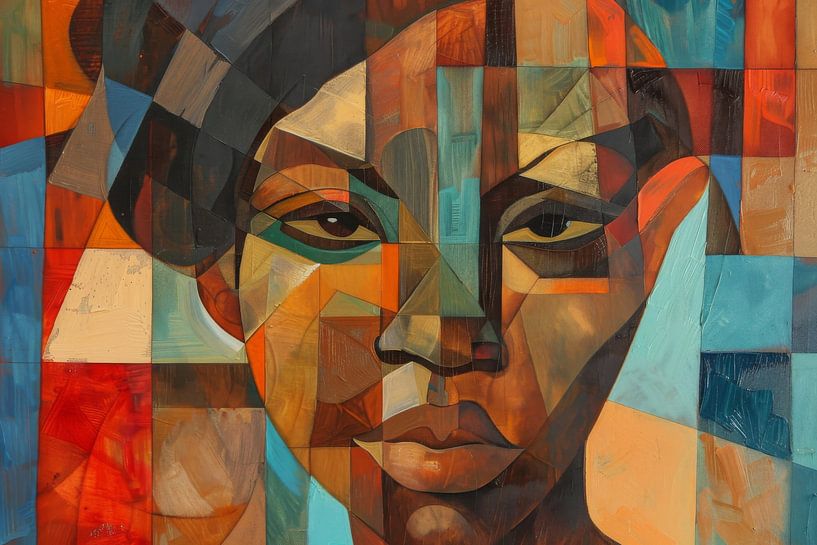 Cubist portrait of a woman in warm earthy tones by Poster Art Shop