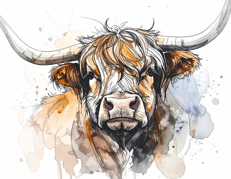 Schotse hooglander aquarel witte achtergrond verf spetters van Emiel de Lange