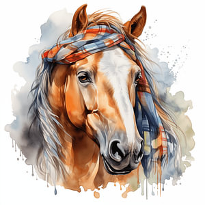 Porträt eines Pferdes, Aquarell-Kunstdesign und buntes Kopftuch
