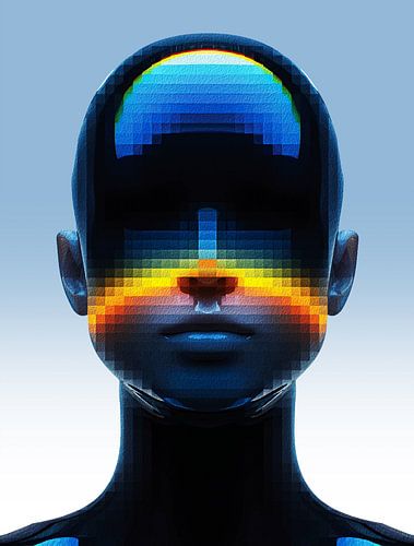 Futuristisch Pixel Kunst Portret - Digitale Abstracte Cyberpunk Humanoïde Muurprint