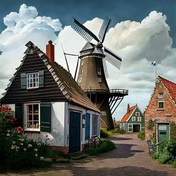 Nederland dorp windmolen kleine huizen architectuur van gm_designs