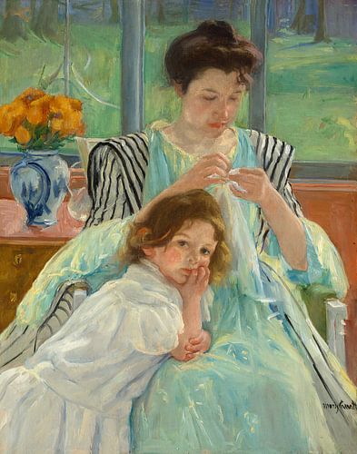 Naaiende jonge moeder, Mary Cassatt - 1900