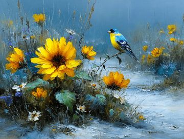 Bergeronnette des ruisseaux dans un champ de tournesols en hiver sur Karina Brouwer