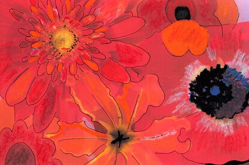 Mixed media met verschillende bloemen in rood/oranje.