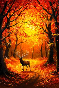 Hert in kleurrijk herfstbos met bladeren van Art & Soul Creations