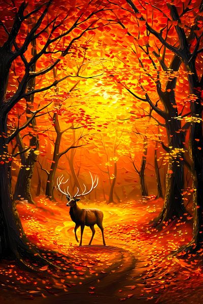 Cerf dans une forêt d'automne colorée avec des feuilles par Art & Soul Creations
