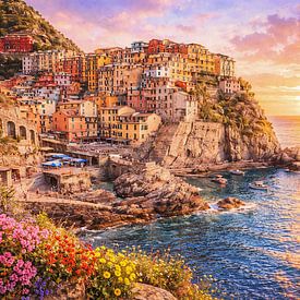 Coucher de soleil doré sur la côte italienne – Un village coloré à flanc de falaise sur Dodik Hariyono