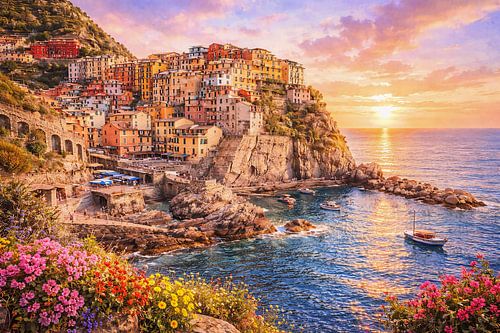 Gouden zonsondergang aan de Italiaanse kust – Kleurrijk dorpje op een klif