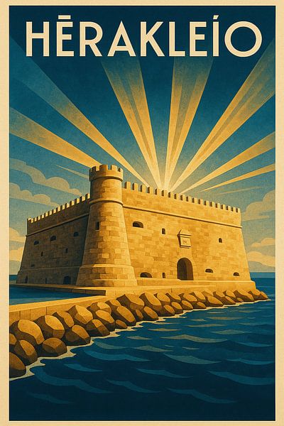 Hērakleío Art Deco Poster – Fortress of Koules by the Sea by Travel Shop