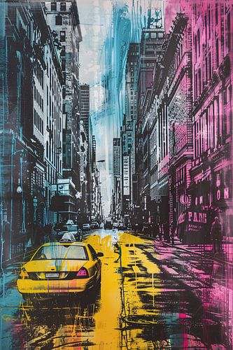 Kleurrijk stadsbeeld met gele taxi