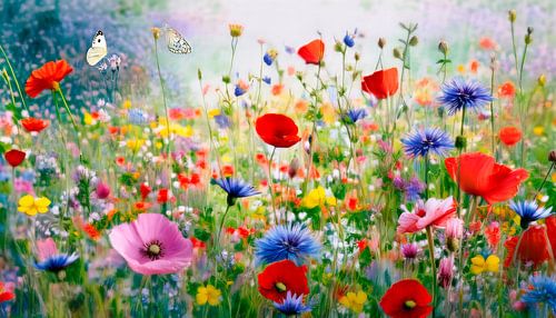 Summer! Wild field flowers and butterflies among the grass