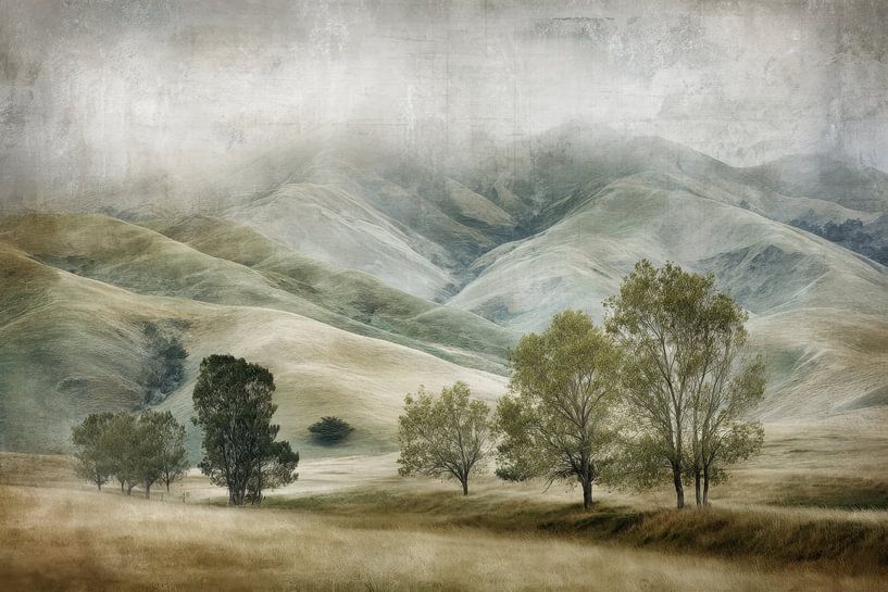 Collines et arbres - Œuvre d'art Green Quiet par BowiScapes Art Abstrait  et digital