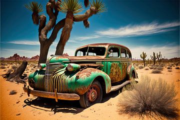 The dilapidated beauty of a rusty car in the desert by Vlindertuin