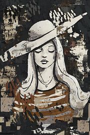 Abstract female portrait with hat - Expressive mixed media art by Emiel de Lange