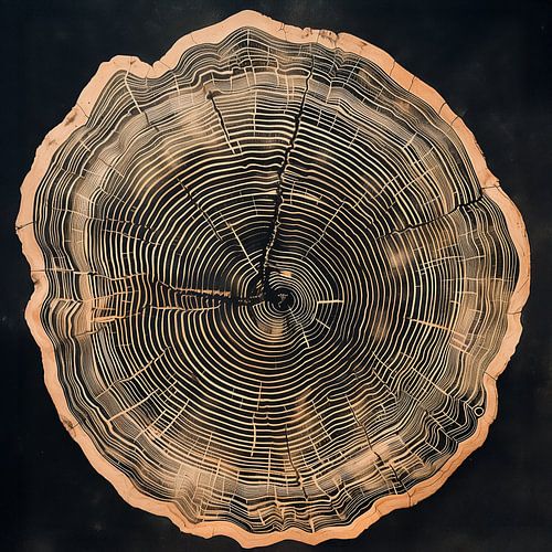 Gravure d'un chêne coupé sur papier couleur bronze.