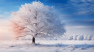 Baum mit Frost in einer magischen Winterlandschaft mit Schnee und blauem Himmel