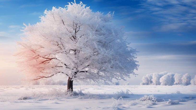 Boom met vorst in een magisch winterlandschap met sneeuw en blauwe lucht van Animaflora PicsStock