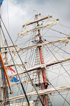 Oude mast en zeilen met donkere wolken van Sjoerd van der Wal Fotografie