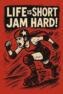 Life is short jam hard (roller derby. vrouwensport, jammer, tekening, tienerkamer, rolschaatsenstrijdlustig, rebel, rood) van Natalie Bruns