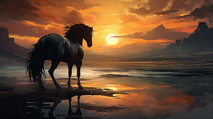 Schwarzes Pferd steht auf einem Sandstrand unter einem wolkigen blauen und orangefarbenen Himmel mit Sonnenuntergang.