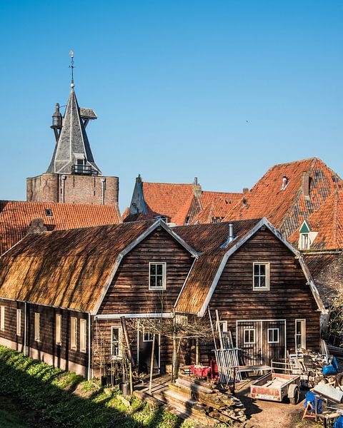 Blick auf die Häuser und das Eingangstor zur IJsselmeerstadt Elburg von Harrie Muis