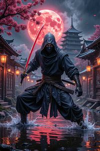 Dark Fantasy Wandbild: KAGE – Ein Ninja im Kampf im nächtlichen Tokio