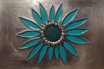 Türkisfarbene Sonnenblume in Metall Stil Dekor von De Muurdecoratie