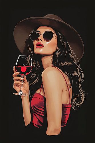 Femme avec verre de vin Lunettes de soleil et chapeau Illustration