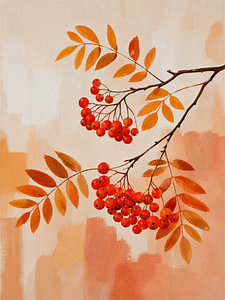 Minimalistischer Herbstzweig mit orangefarbenen Ebereschenbeeren in warmen Farbtönen