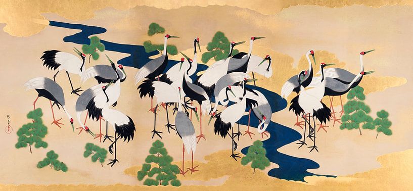 Japanese cranes and pines (left panel), Yamamoto Sodō by Masterful Masters